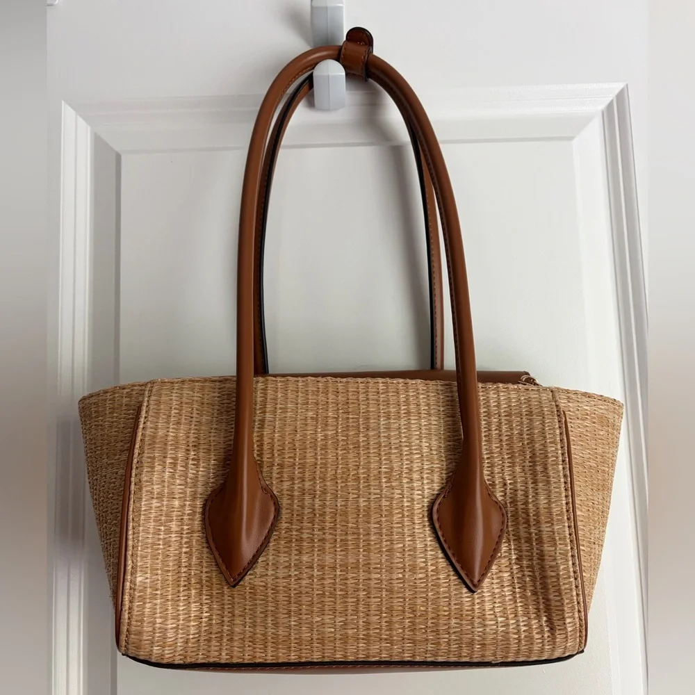 GUESS Tan Straw Purse Tote with Brown Trim and Strawberry Coin Purse Charm NWOT